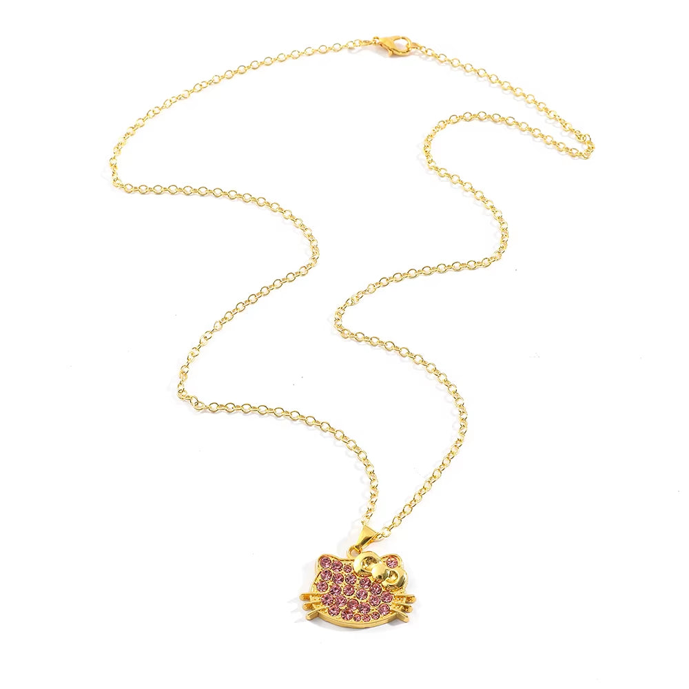 Anime Sanrio Hello Kitty Necklace Cartoon Figure KT Cat Gold Color Pendant Necklace Kawaii Jewelry Accessories Gifts
