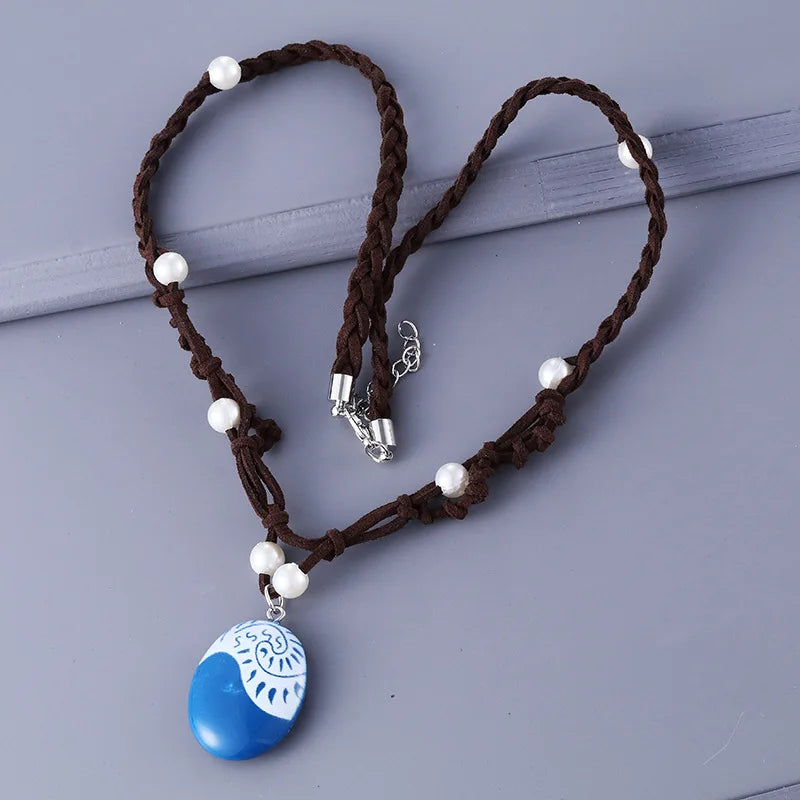 Anime Movie Princess Moana Necklace Cosplay Handmade Braided Leather Rope Necklace for Women Girl Jewelry Prop Accessories