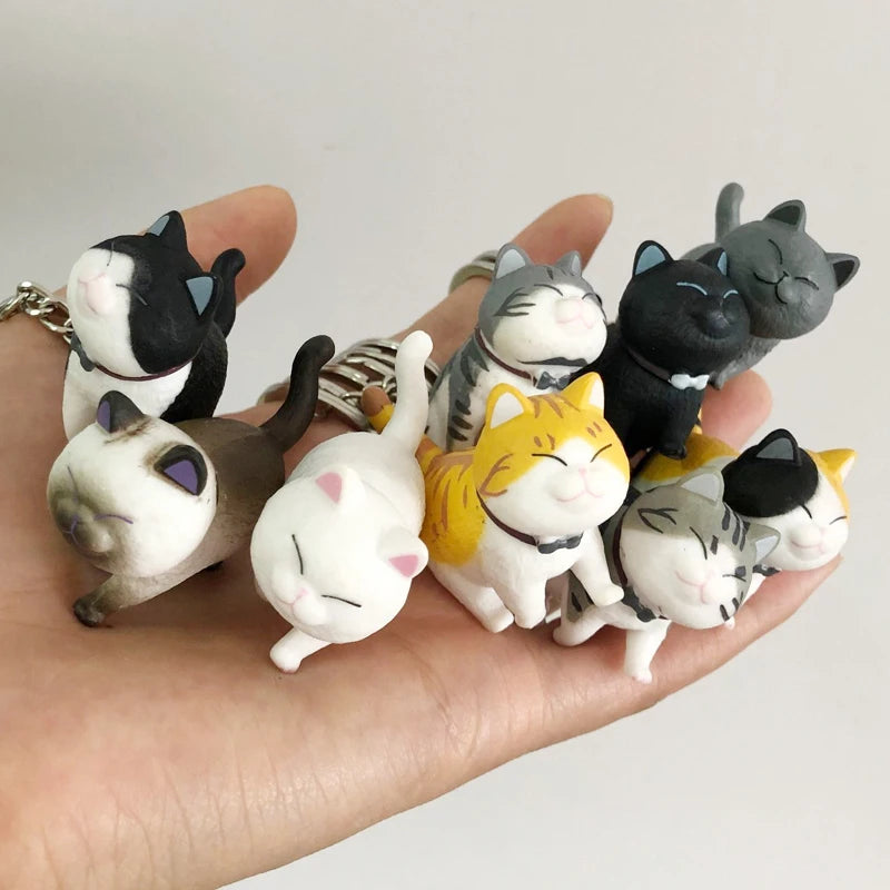 PVC 9 Styles Mini Cute Fat Bell Cats Figure Pendant Anime Keychain Charms Animal Expression Toy Gift Decorations