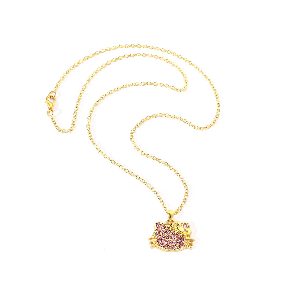 Anime Sanrio Hello Kitty Necklace Cartoon Figure KT Cat Gold Color Pendant Necklace Kawaii Jewelry Accessories Gifts