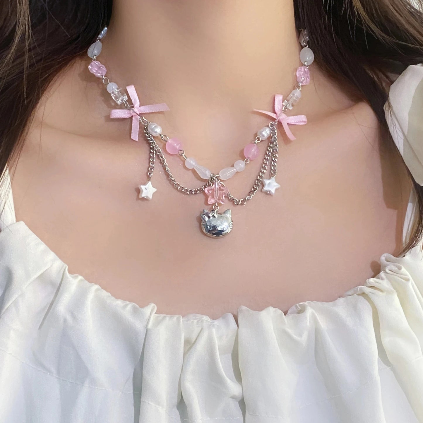 Sanrio Hello Kitty Necklace Anime Cute Kawaii Bow Beaded Star Accessories Necklace Women Elegant Clavicle Chain Jewelry Gift