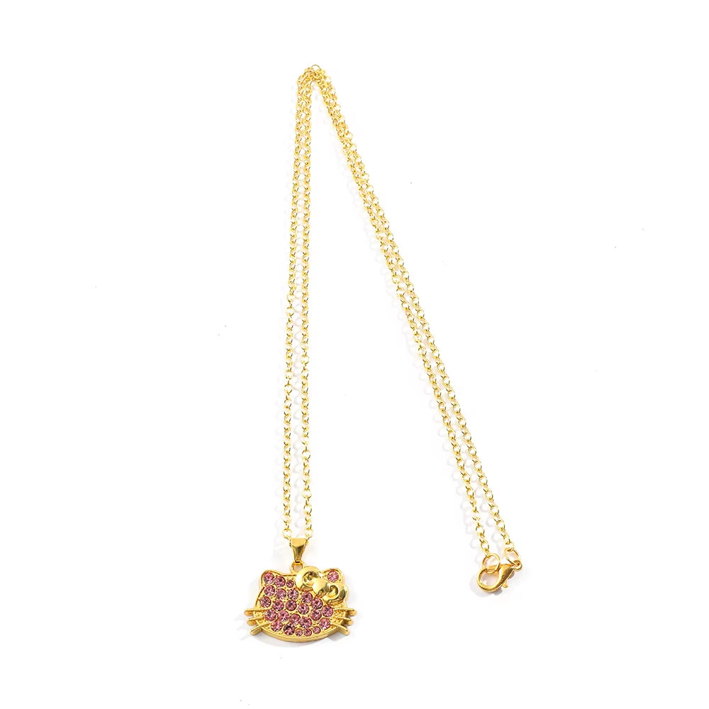 Anime Sanrio Hello Kitty Necklace Cartoon Figure KT Cat Gold Color Pendant Necklace Kawaii Jewelry Accessories Gifts