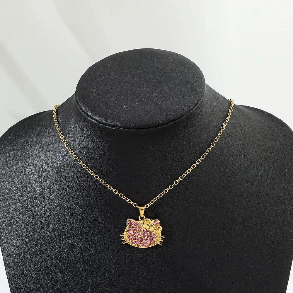 Anime Sanrio Hello Kitty Necklace Cartoon Figure KT Cat Gold Color Pendant Necklace Kawaii Jewelry Accessories Gifts