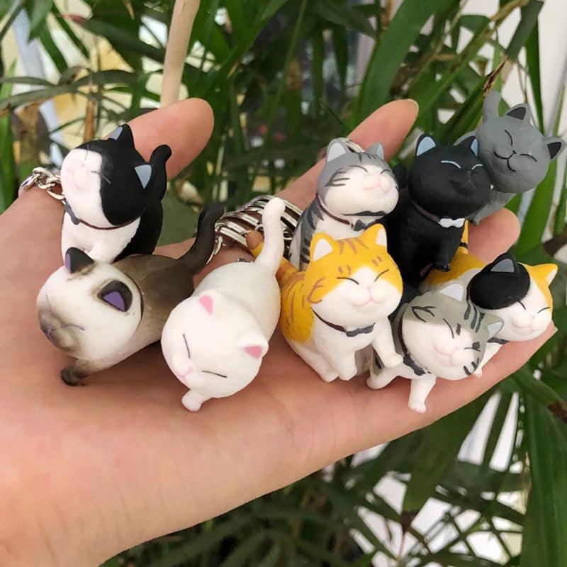 PVC 9 Styles Mini Cute Fat Bell Cats Figure Pendant Anime Keychain Charms Animal Expression Toy Gift Decorations