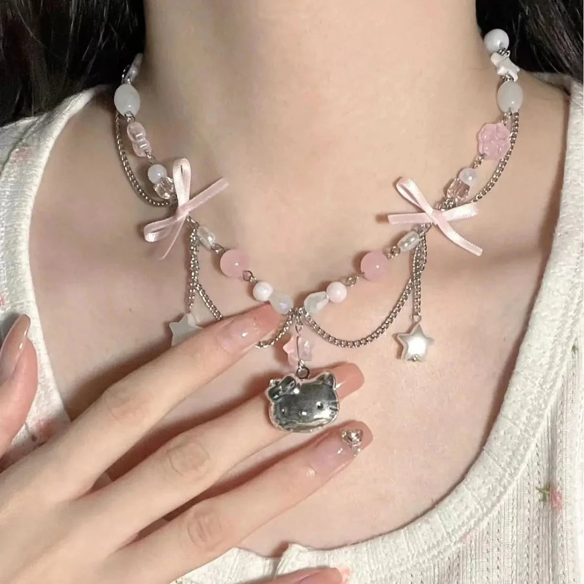 Sanrio Hello Kitty Necklace Anime Cute Kawaii Bow Beaded Star Accessories Necklace Women Elegant Clavicle Chain Jewelry Gift