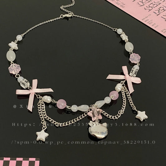 Sanrio Hello Kitty Necklace Anime Cute Kawaii Bow Beaded Star Accessories Necklace Women Elegant Clavicle Chain Jewelry Gift